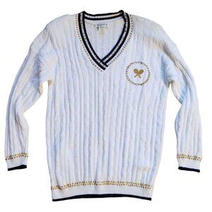 Vintage 60s 70s Preppy White Tennis Sweater M/L Retro V-Neck Embroidered Sequins